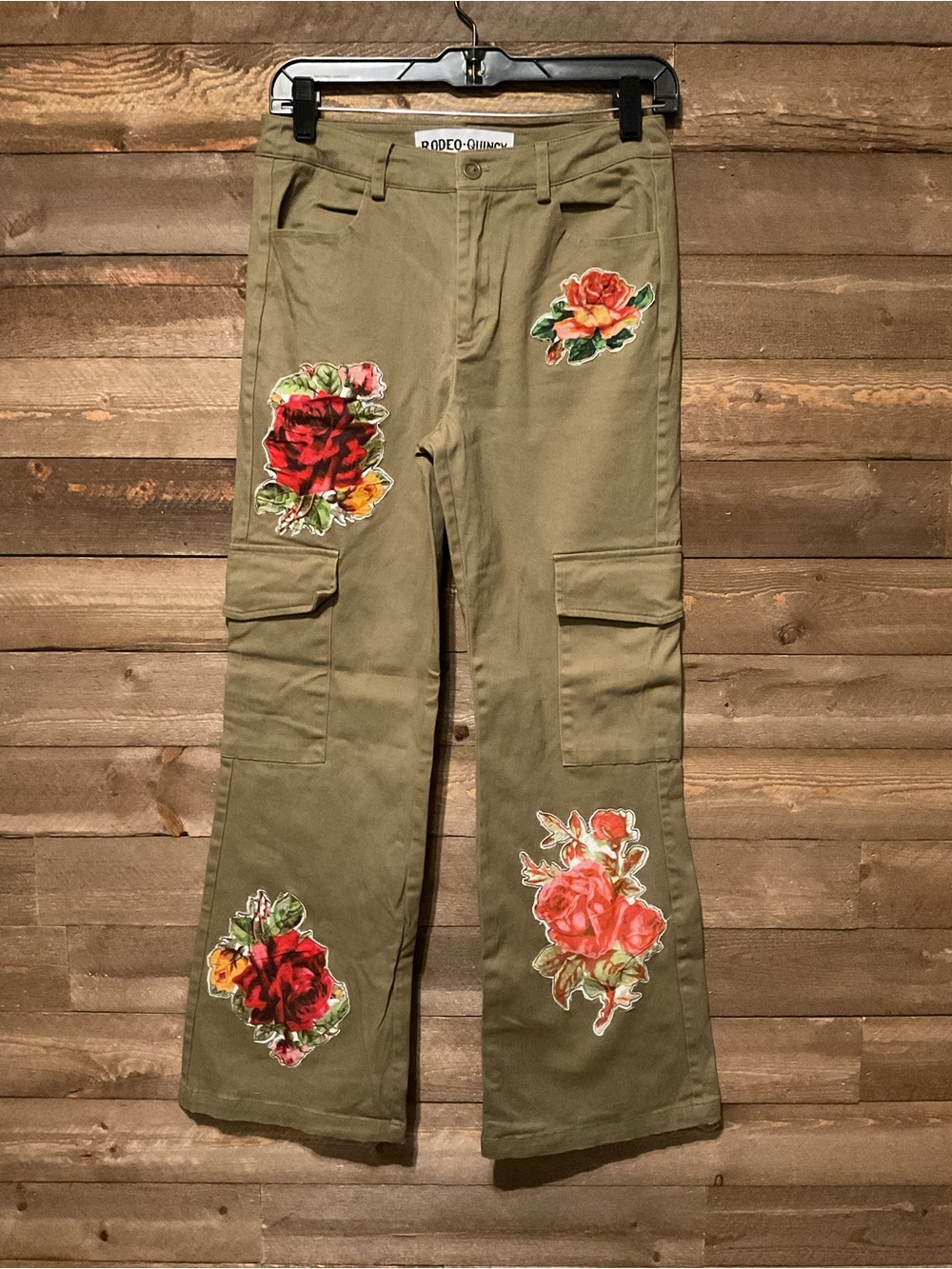 Rodeo Quincy Rancho De Floras Pants Olive Green Flare Rose Patches Size Small